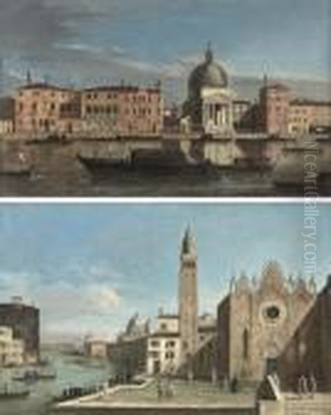 The Grand Canal, Venice, Looking
 West Towards San Simeone Piccolo And; The Grand Canal, Venice, Looking 
East With The Scuola Della Carita Oil Painting by Apollonio Domenichini