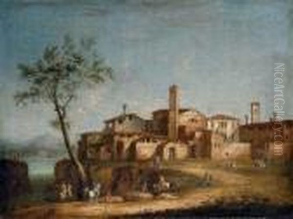 An Italianate Town With Elegant Figures Oil Painting by Apollonio Domenichini