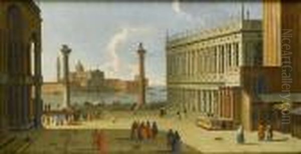 Elegant Figures In The 
Piazzetta, Venice, Looking South With A View Towards San Giorgio 
Maggiore Oil Painting by Apollonio Domenichini