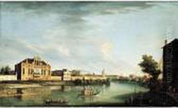 A View Of The River Brenta At 
Stra With The Villa Cappello And The Villa Pisani, Looking Out Towards 
The Gardens Oil Painting by Apollonio Domenichini