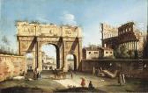 The Arch Of Constantine And The Colosseum Oil Painting by Apollonio Domenichini