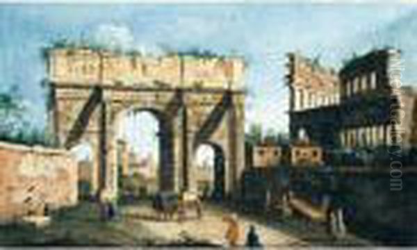 Rome, A View Of The Arch Of Constantine, With The Colosseum In The Right Background Oil Painting by Apollonio Domenichini