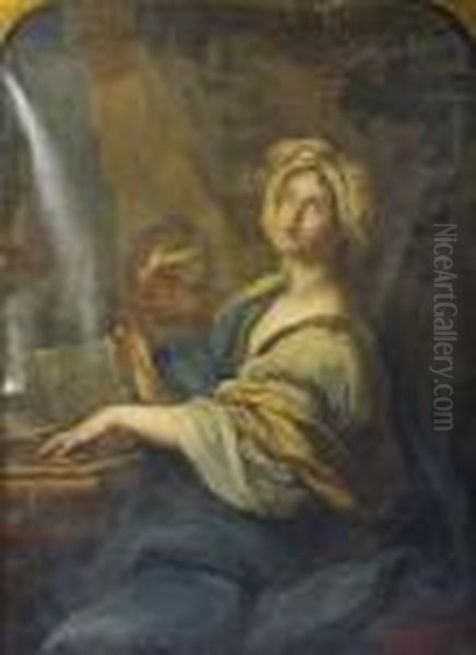 Portrait Of A Woman Playing The Harpsichord And A Child Watching (st. Cecilia) Oil Painting by Domenichino