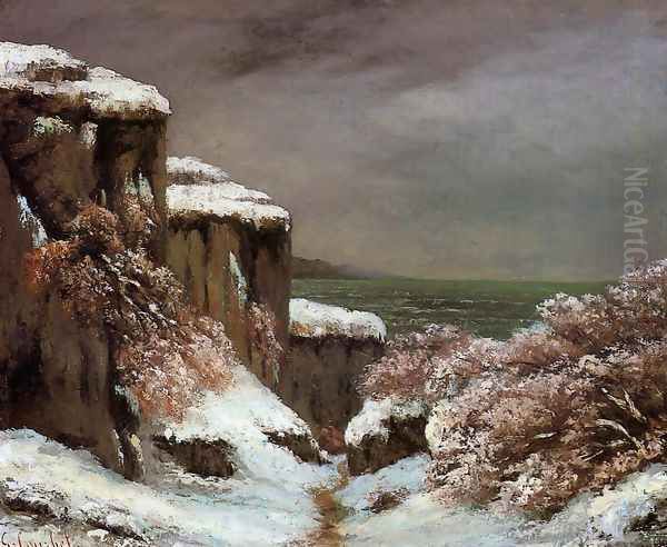 Cliffs by the Sea in the Snow Oil Painting by Gustave Courbet