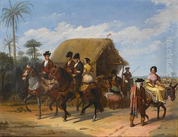 The Picnic; Riders Passing By A Tavern Oil Painting by Joaquin Dominguez Becquer