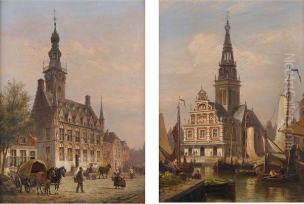 L'hotel De Ville, Zeeland And L'hotel De Ville, Alkmaar Oil Painting by Cornelis Christiaan Dommersen