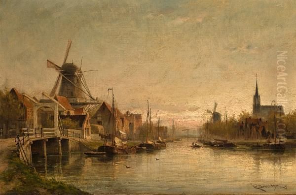 Evening At Maashuis, Holland Oil Painting by Cornelis Christiaan Dommersen