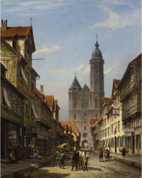 Dutch Street Scene With Cathedral Oil Painting by Cornelis Christiaan Dommersen