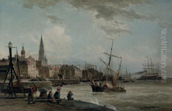 Shipping On The Schelde, Antwerp Oil Painting by Cornelis Christiaan Dommersen