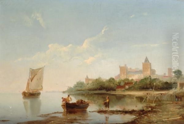 Riverscape On A Sunny Day Oil Painting by Cornelis Christiaan Dommersen