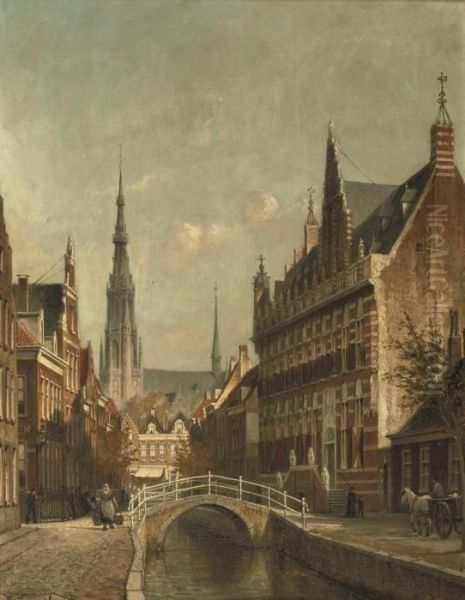 De Kanselarij Te Leeuwarden: A Sunlit Canal Oil Painting by Cornelis Christiaan Dommersen