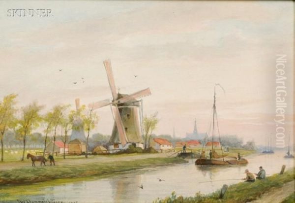 Fishing By The Windmill Oil Painting by Cornelis Christiaan Dommersen