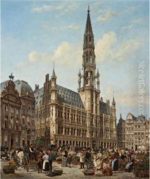 The Flower Market In The Grande Place, Brussels Oil Painting by Cornelis Christiaan Dommersen