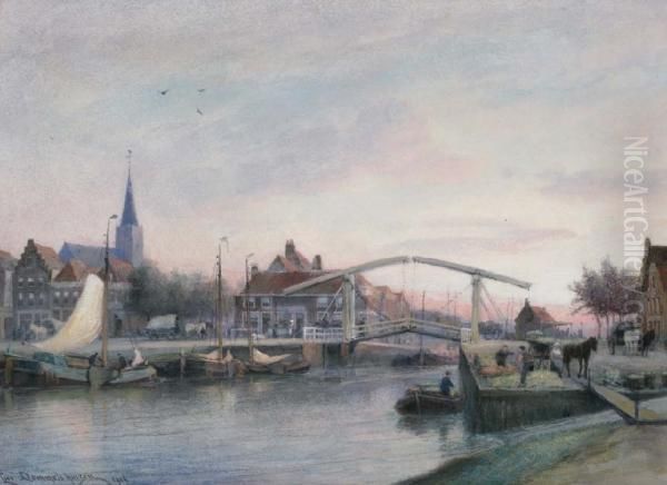 Oud Sloten Brug Bij Amsterdam Bij De Overhaal Der Groentenschuit Oil Painting by Cornelis Christiaan Dommersen