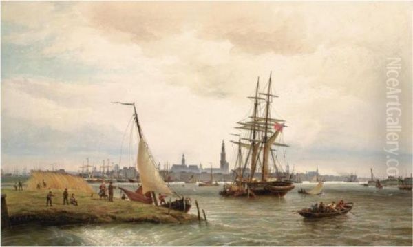 The Harbour Of Antwerp With A 
View From The Left Bank Over The River Scheldt And The Onze Lieve Vrouw 
Cathedral In The Background Oil Painting by Cornelis Christiaan Dommersen