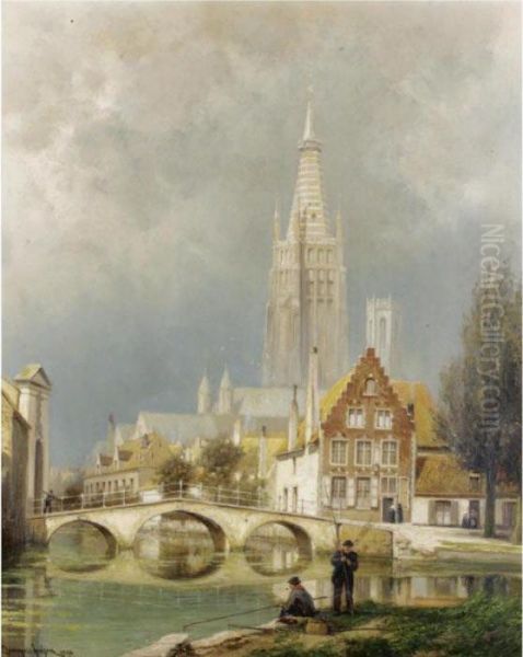 Bruges; A Rising Storm Oil Painting by Cornelis Christiaan Dommersen