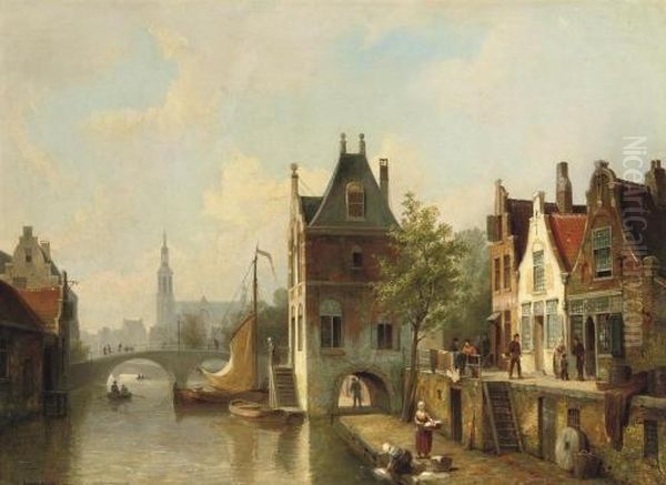 A Capriccio View Of A Canal In Alkmaar Oil Painting by Cornelis Christiaan Dommersen