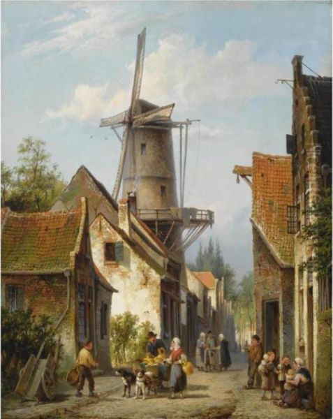 Figures In The Streets Of A Dutch Town Oil Painting by Cornelis Christiaan Dommersen