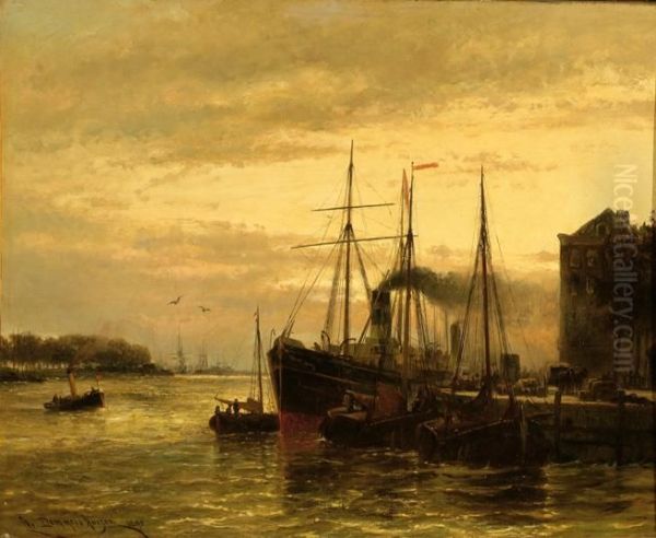 Ships In An Inner Harbour At Sunset Oil Painting by Cornelis Christiaan Dommersen