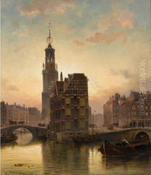 A View Of The Munt Tower, Amsterdam Oil Painting by Cornelis Christiaan Dommersen