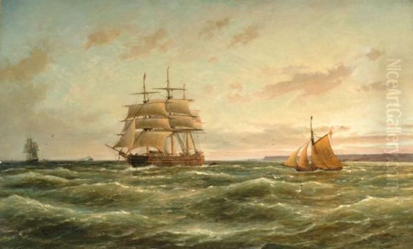 A Three-master And Other Sailing Boats On Sea Oil Painting by Cornelis Christiaan Dommersen