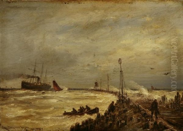 Dutch Harborscene Oil Painting by Cornelis Christiaan Dommersen