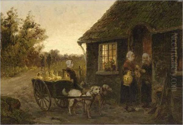 Dog-cart With Girl Near A House Oil Painting by Cornelis Christiaan Dommersen