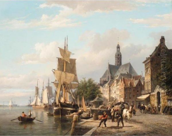 Tallship Moored By A Quayside Oil Painting by Cornelis Christiaan Dommersen