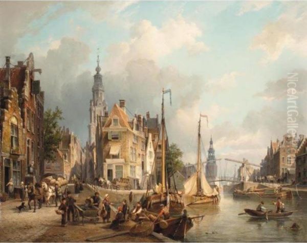 A View Of The Oudeschans With 
The Zuiderkerk And The Montelbaanstoren In The Distance, Amsterdam Oil Painting by Cornelis Christiaan Dommersen