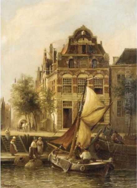 Old Houses, Rotterdam Oil Painting by Cornelis Christiaan Dommersen