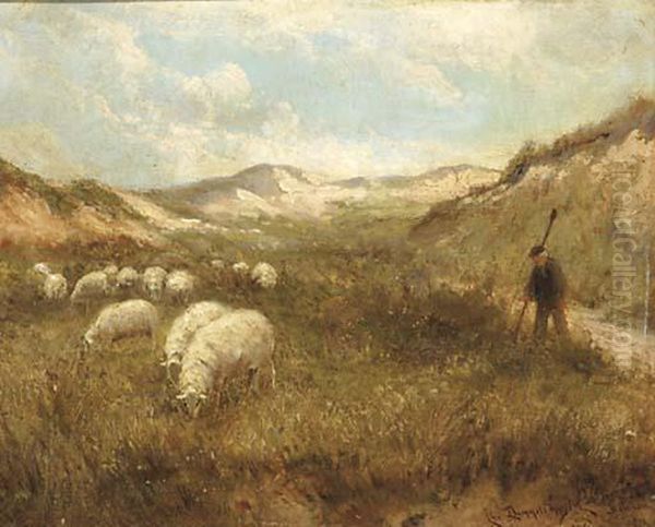 Duingezicht 'la Panne': Guiding The Flock Through The Dunes Oil Painting by Cornelis Christiaan Dommersen