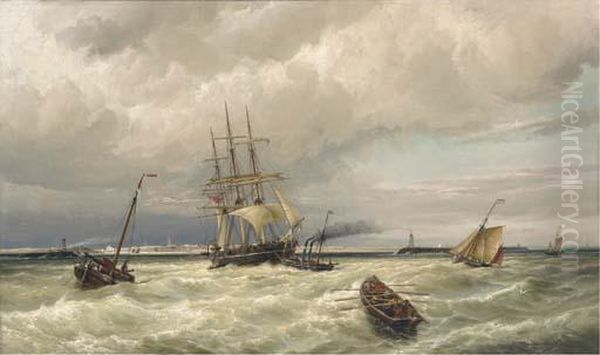 Entrance To The Harbour Of Ymuiden, New Route To Amsterdam Oil Painting by Cornelis Christiaan Dommersen