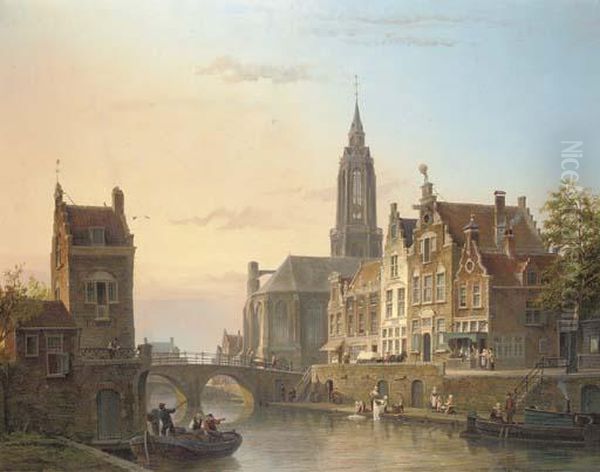 A View Of A Canal In A Dutch Town Oil Painting by Cornelis Christiaan Dommersen