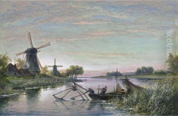 Fishermen By A Windmill Oil Painting by Cornelis Christiaan Dommersen