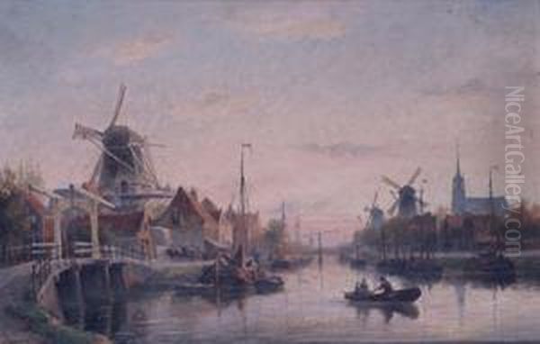 Evening At Maassluis Holland Oil Painting by Cornelis Christiaan Dommersen