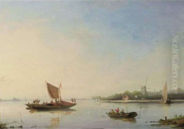 Fishermen In A Calm Oil Painting by Cornelis Christiaan Dommersen