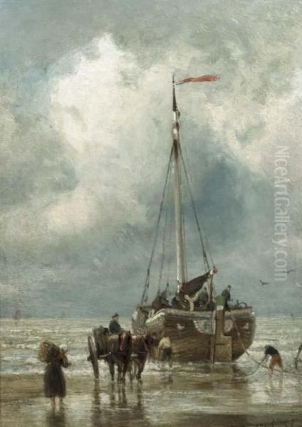 Fishermen Unloading A Bomschuit Oil Painting by Cornelis Christiaan Dommersen