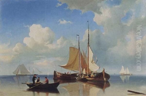 Shipping In An Estuary Oil Painting by Cornelis Christiaan Dommersen