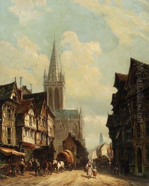 A Sunlit Townview With Figures Passing A Cathedral Oil Painting by Cornelis Christiaan Dommersen