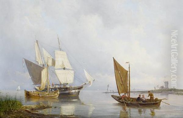 A Calm Day On The Estuary, With A
 Trading Brig About To Discharge Her Cargo Into A Barge Coming Alongside Oil Painting by Pieter Christiaan Cornelis Dommersen