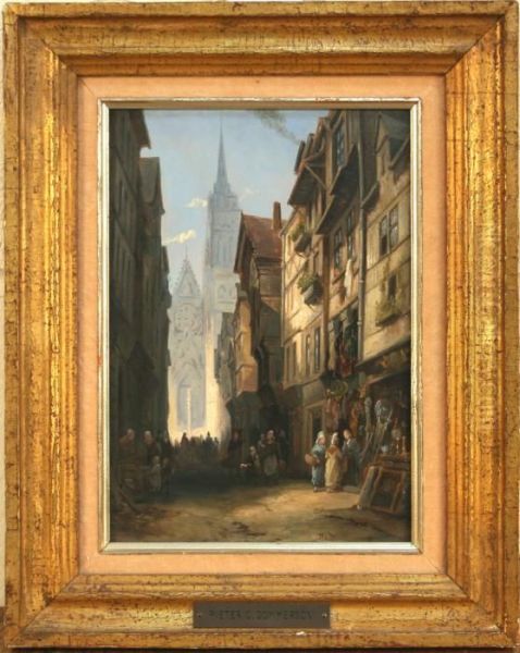 Continental Street Scene With Figures Outside Shops Oil Painting by Pieter Christiaan Cornelis Dommersen