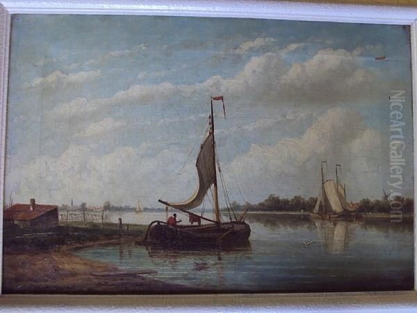 Dutch River Landscape With Barges Oil Painting by Pieter Christiaan Cornelis Dommersen