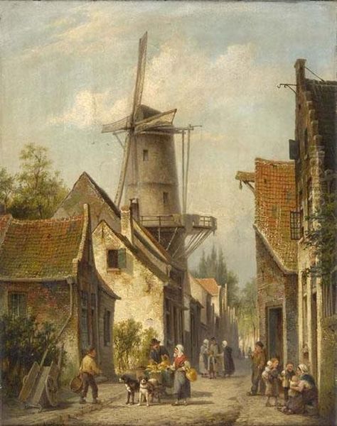 Figures In A Village Street Oil Painting by Pieter Christiaan Cornelis Dommersen