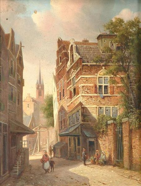 Follower Of Pieter Christan Dommersen Dutchstreet Scene Oil Painting by Pieter Christiaan Cornelis Dommersen