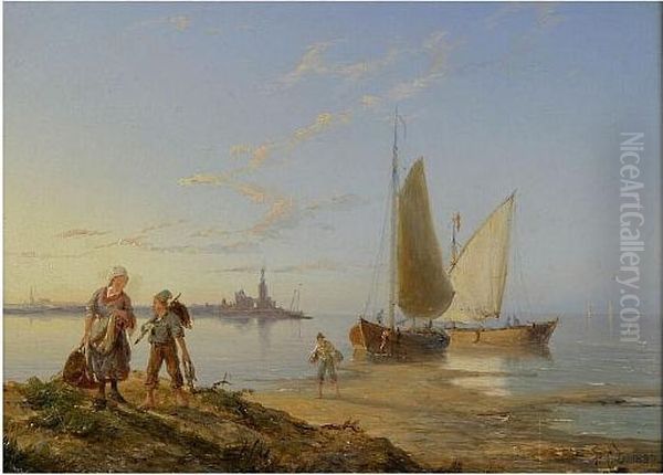 Coastal Scene With Fisher Folk Unloading The Catch, And Another Similar Oil Painting by Pieter Christiaan Cornelis Dommersen