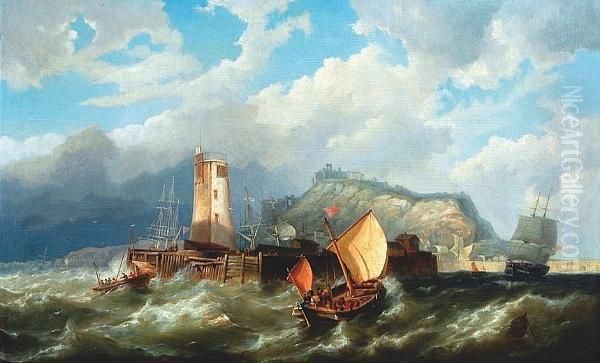 Boats Entering Harbour In The Face Of A Storm Oil Painting by Pieter Christiaan Cornelis Dommersen