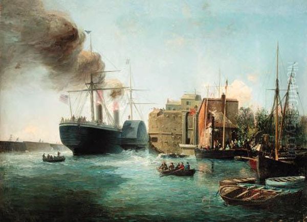 The American Paddle Steamer Adriatic Of The Collins Line Clearingher Moorings Oil Painting by Pieter Christiaan Cornelis Dommersen