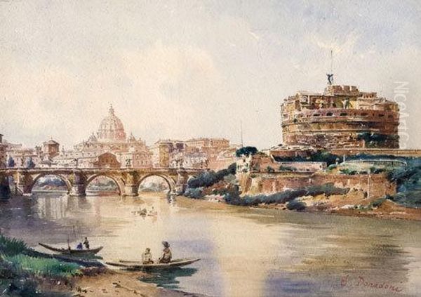 Roma, Il Tevere A Castel S.angelo Oil Painting by Stefano Donadoni