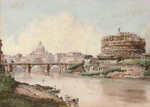 Castel Sant' Angelo And The Ponte Sant' Angelo, Rome Oil Painting by Stefano Donadoni