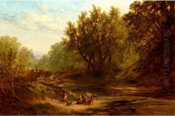 Children Fishing By A Stream Oil Painting by John Milne Donald